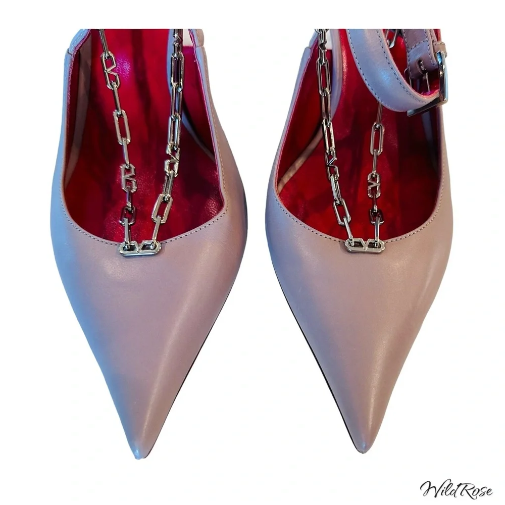 VALENTINO GARAVANI Nude Valentino V Logo Silver Chain Detail Slingback Pumps 36 - Picture 7 of 17